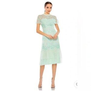 NEW MAC DUGGAL 35147 Mint Green Embroidered Ruffle Cap Sleeve Midi Dress Size 8